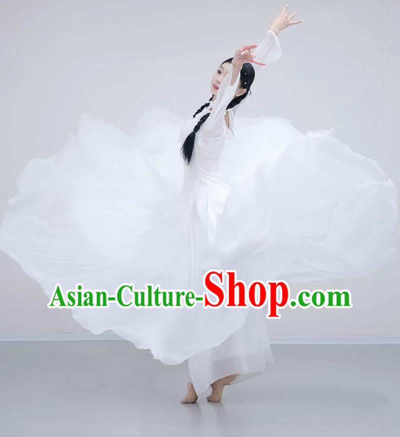 White Chinese Classical Dance Costume Sheer Practice Top Flowing Fairy Large Skirt Outfit White Chinese Classical Dance Costume Sheer Practice Top Flowing Fairy Large Skirt Outfit