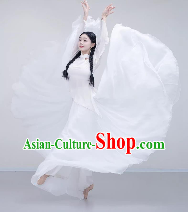 White Chinese Classical Dance Costume Sheer Practice Top Flowing Fairy Large Skirt Outfit White Chinese Classical Dance Costume Sheer Practice Top Flowing Fairy Large Skirt Outfit