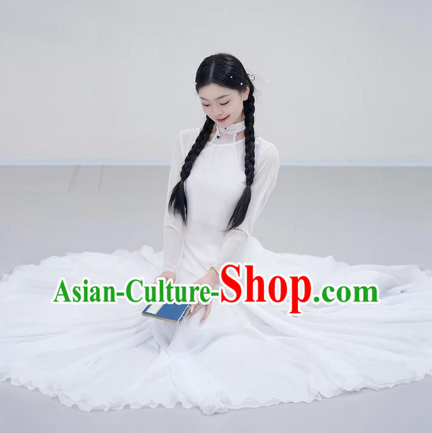 White Chinese Classical Dance Costume Sheer Practice Top Flowing Fairy Large Skirt Outfit White Chinese Classical Dance Costume Sheer Practice Top Flowing Fairy Large Skirt Outfit