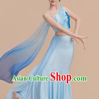 Dai Ethnic Dance Costume Female One Shoulder Mermaid Skirt Light Blue Performance Dress