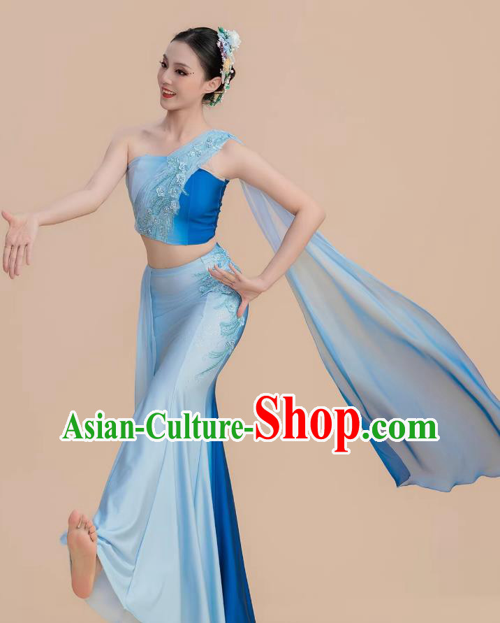 Dai Ethnic Dance Costume Female One Shoulder Mermaid Skirt Light Blue Performance Dress Dai Ethnic Dance Costume Female One Shoulder Mermaid Skirt Light Blue Performance Dress