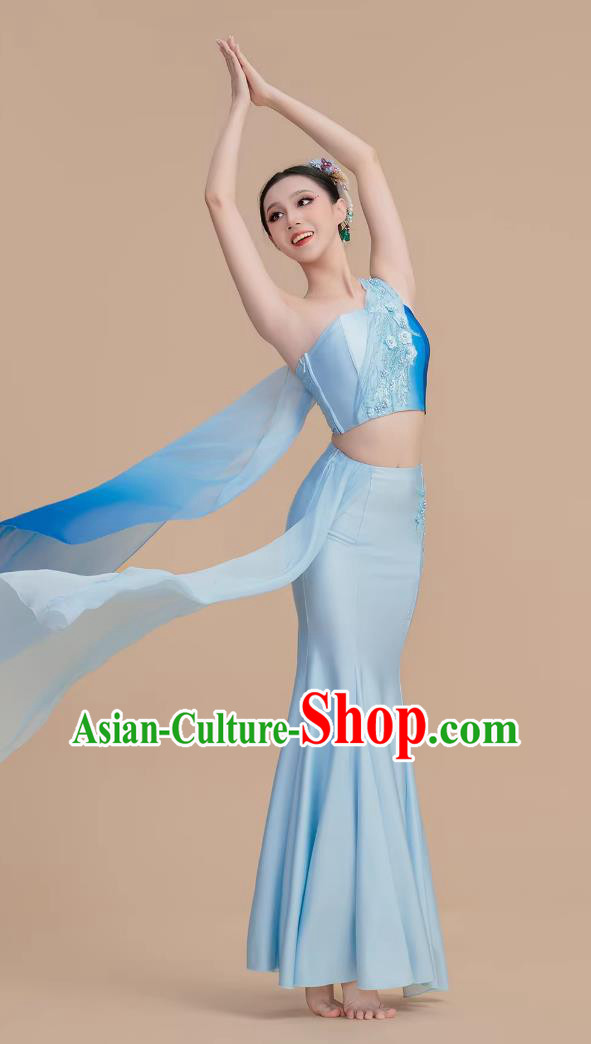 Dai Ethnic Dance Costume Female One Shoulder Mermaid Skirt Light Blue Performance Dress Dai Ethnic Dance Costume Female One Shoulder Mermaid Skirt Light Blue Performance Dress