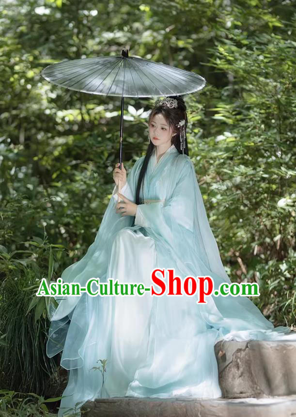 Light Blue Embroidered Cross Collar Hanfu Film Style Modified Traditional Chinese Clothing Light Blue Embroidered Cross Collar Hanfu Film Style Modified Traditional Chinese Clothing
