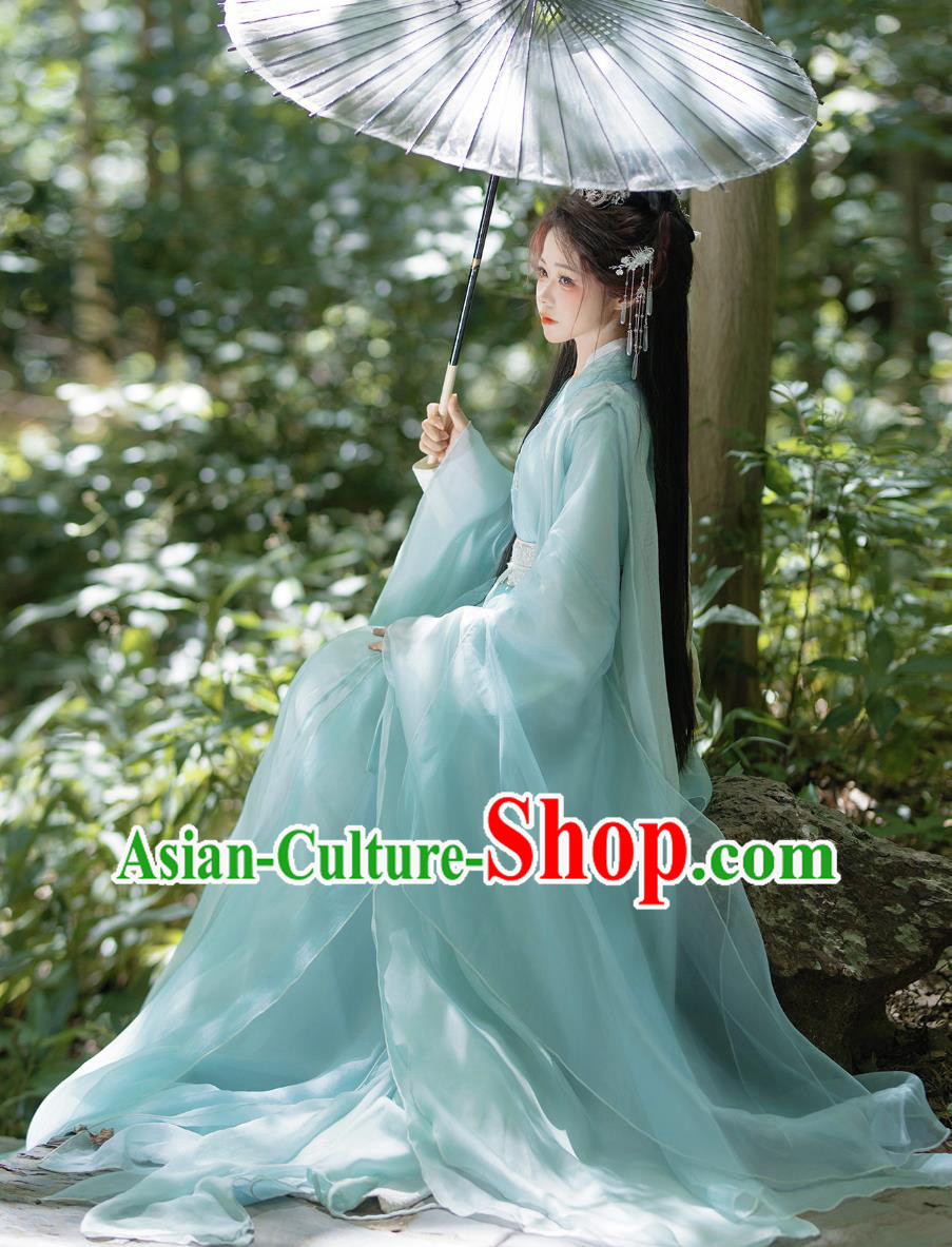 Light Blue Embroidered Cross Collar Hanfu Film Style Modified Traditional Chinese Clothing Light Blue Embroidered Cross Collar Hanfu Film Style Modified Traditional Chinese Clothing