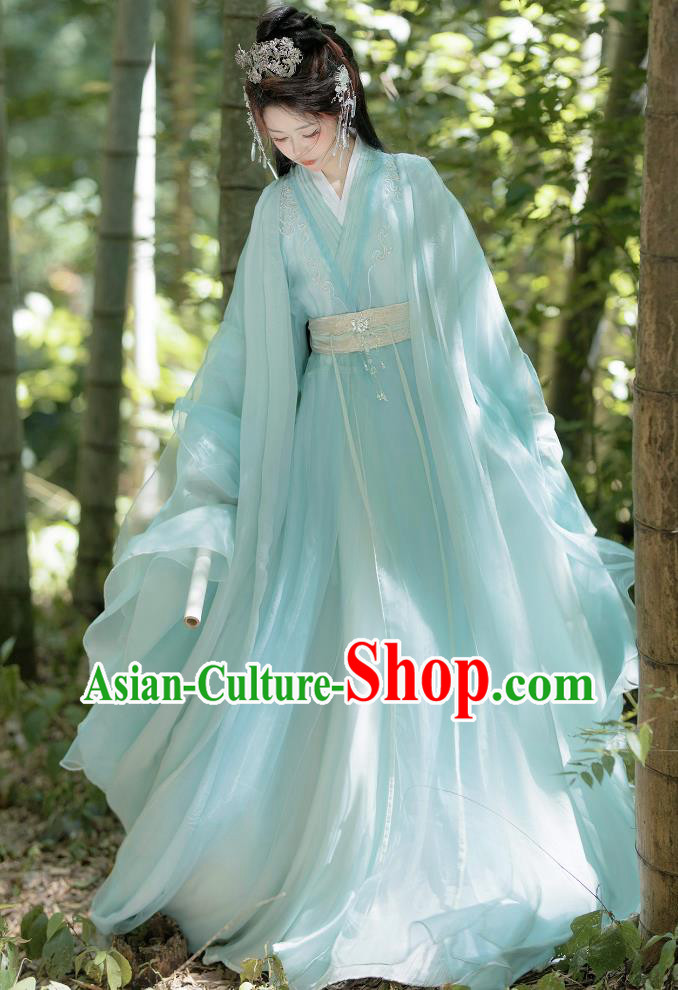 Light Blue Embroidered Cross Collar Hanfu Film Style Modified Traditional Chinese Clothing Light Blue Embroidered Cross Collar Hanfu Film Style Modified Traditional Chinese Clothing