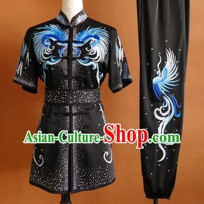 Embroidery Phoenix Black Changquan Uniform Martial Arts Performance Costume Chinese Wushu Competition Clothing