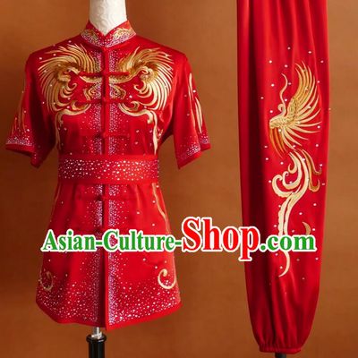Chinese Wushu Competition Clothing Embroidery Phoenix Red Changquan Uniform Martial Arts Performance Costume