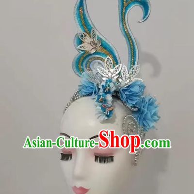 Large Gala Blue Hair Flower Opening Dance Headdress Accessory Modern Dance Classical Dance Headpiece