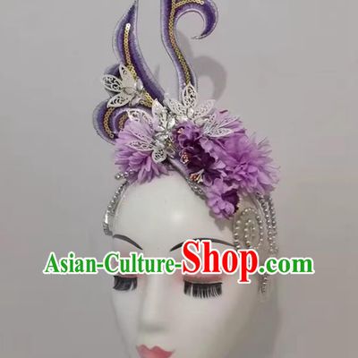 Large Gala Purple Hair Flower Opening Dance Headdress Accessory Modern Dance Classical Dance Headpiece