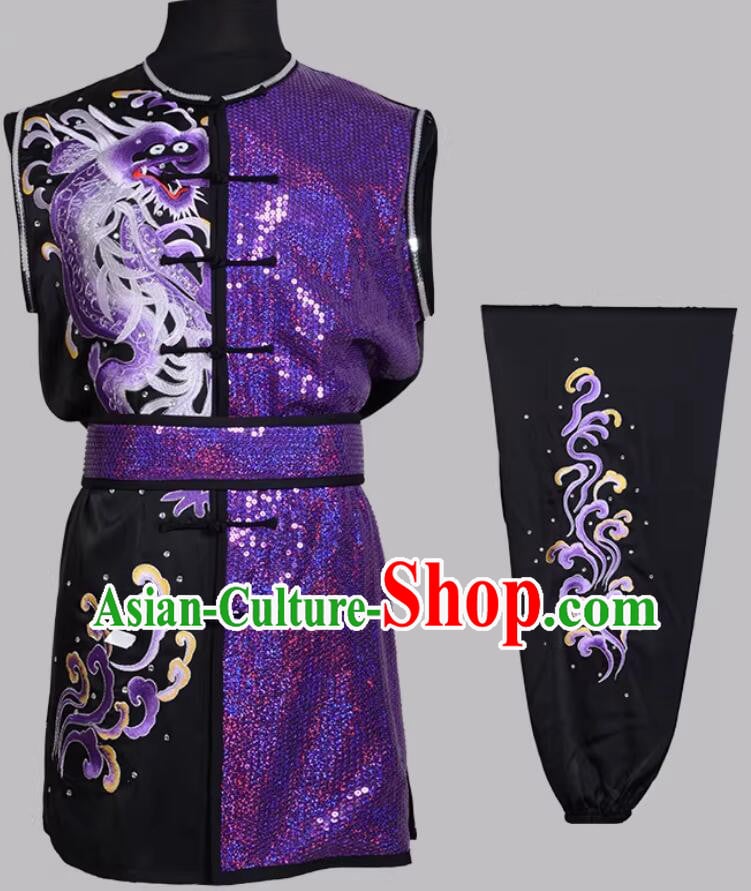 Purple Embroidered Dragon Martial Arts Performance Suit Wushu Competition Uniform Nanquan Clothing