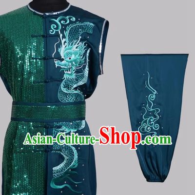 Dark Green Embroidered Dragon Nauquan Suit Shaolin Martial Arts Uniform Imitation Silk Wushu Clothing