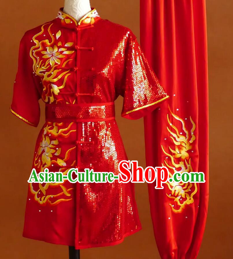 Embroidered Fire Qilin Martial Arts Uniform Wushu Competition Performance Costume Red Changquan Suit