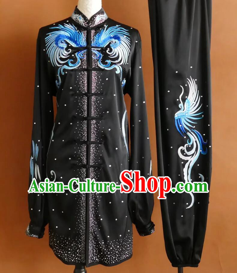 Black Tai Chi Uniform with Hot Fix Rhinestone Phoenix Embroidery Mid Length Kung Fu Performance Suit for Men and Women
