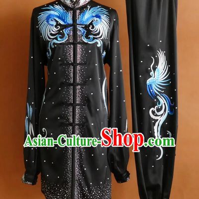Black Tai Chi Uniform with Hot Fix Rhinestone Phoenix Embroidery Mid Length Kung Fu Performance Suit for Men and Women