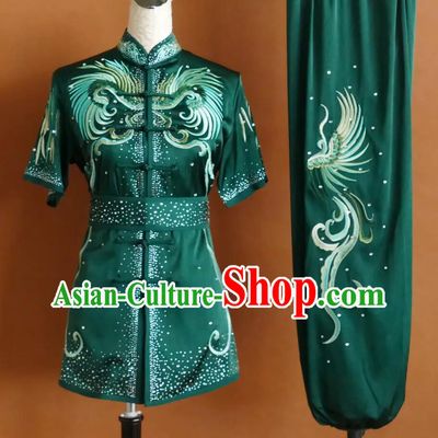 Dark Green Changquan Uniform with Hot Fix Rhinestone Phoenix Embroidery Chinese Kung Fu Wushu Performance Suit