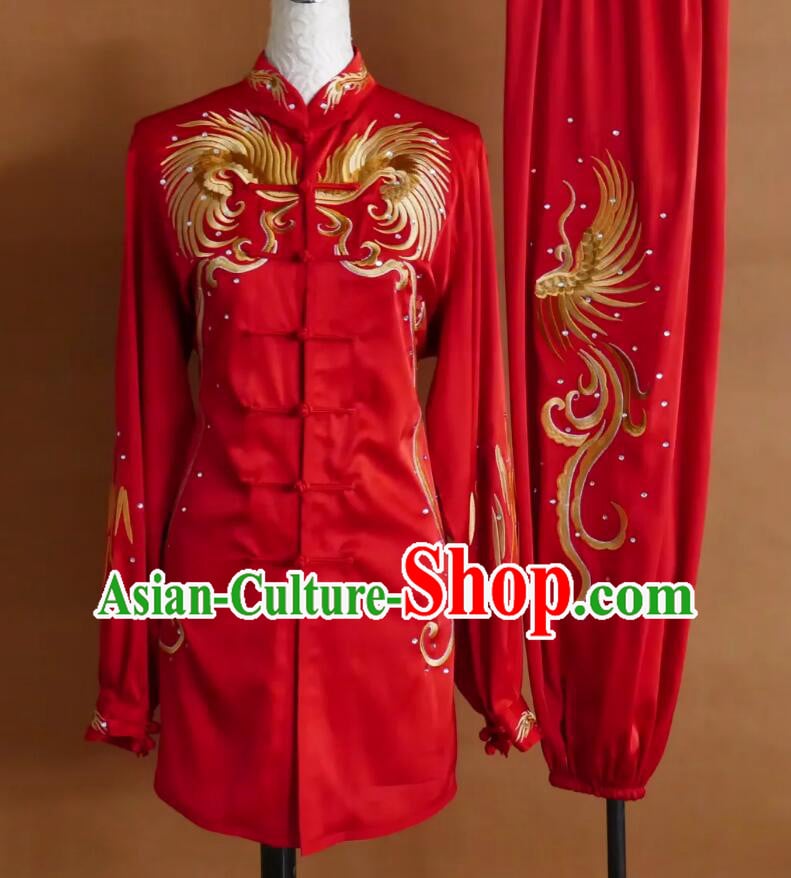 Red Tai Chi Uniform with Hot Fix Rhinestone Phoenix Embroidery Chinese Taijiquann Kung Fu Performance Clothing