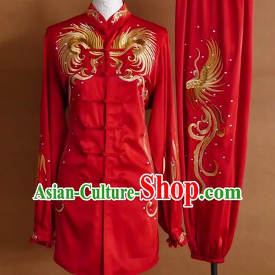 Red Tai Chi Uniform with Hot Fix Rhinestone Phoenix Embroidery Chinese Taijiquann Kung Fu Performance Clothing