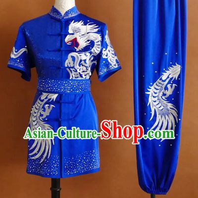 Royal Blue Changquan Wushu Uniform Dragon Rhinestone Embroidery Professional Kung Fu Competition Suit