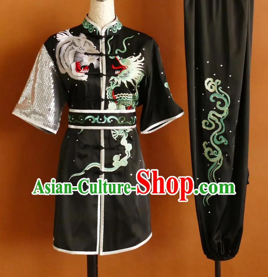Black Changquan Wushu Uniform Dragon and Tiger Embroidery Professional Kung Fu Competition Suit