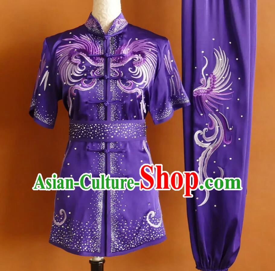 Purple Changquan Wushu Uniform Phoenix Embroidery Professional Kung Fu Competition Suit