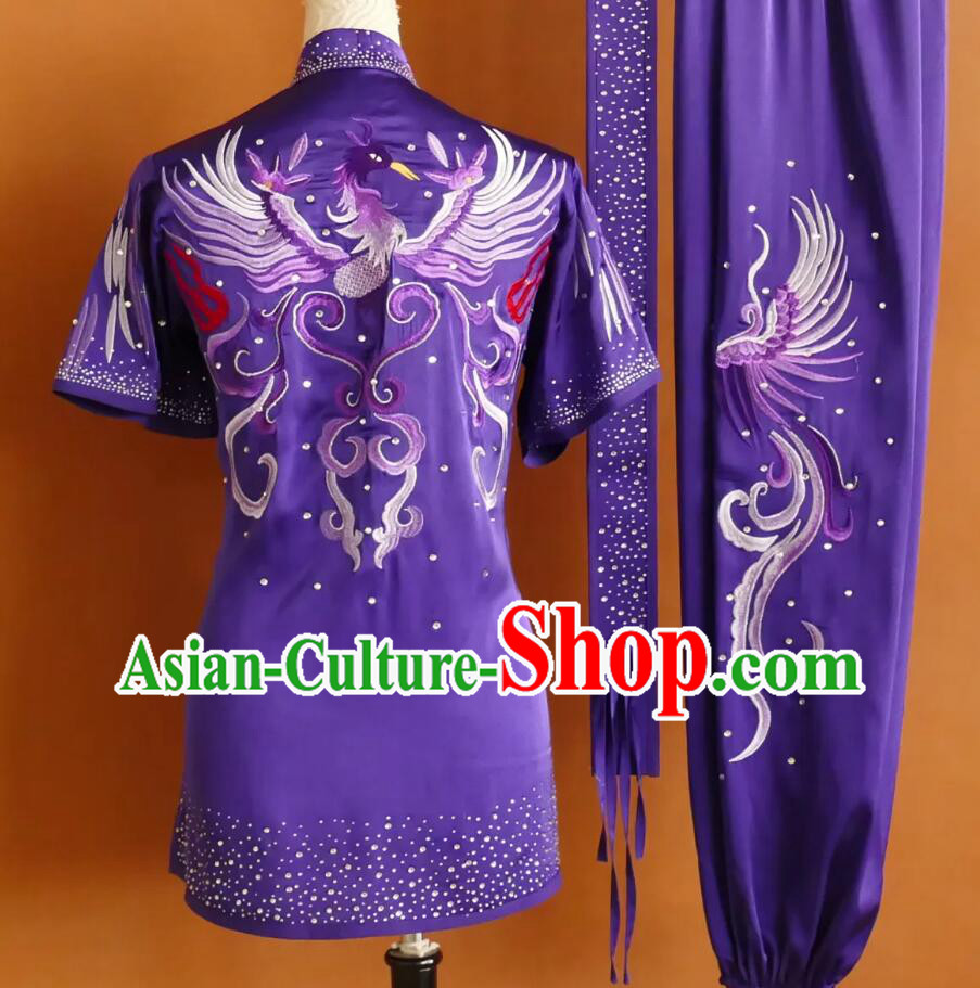 Purple Changquan Wushu Uniform Phoenix Embroidery Professional Kung Fu Competition Suit Purple Changquan Wushu Uniform Phoenix Embroidery Professional Kung Fu Competition Suit