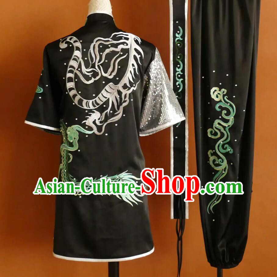Black Changquan Wushu Uniform Dragon and Tiger Embroidery Professional Kung Fu Competition Suit Black Changquan Wushu Uniform Dragon and Tiger Embroidery Professional Kung Fu Competition Suit