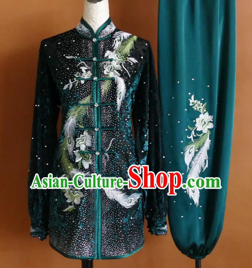 Dark Green Velvet Tai Chi Suit Chinese Kung Fu Competition Clothing Embroidered Martial Arts Outfit