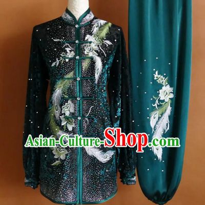 Dark Green Velvet Tai Chi Suit Chinese Kung Fu Competition Clothing Embroidered Martial Arts Outfit
