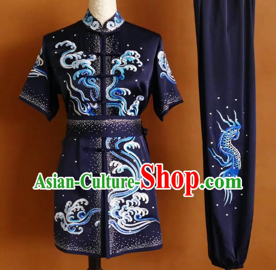 Dark Blue Wushu Changquan Suit Chinese Kung Fu Competition Clothing Embroidered Wave Martial Arts Outfit