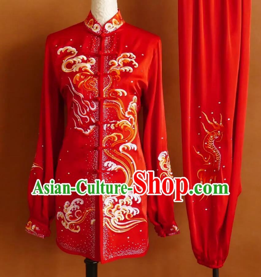 Red Tai Chi Performance Suit Chinese Kung Fu Competition Clothing Embroidered Taijiquan Outfit