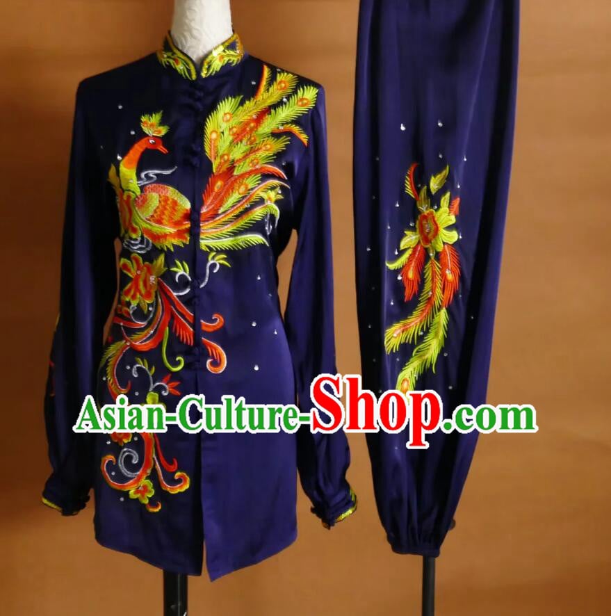 Dark Blue Tai Chi Performance Suit Chinese Kung Fu Competition Clothing Embroidered Peacock Taijiquan Outfit