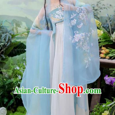 Ethereal Tang Dynasty Hanfu Dress Women Blue Qixiong Ruqun with Poqun Skirt Traditional Chinese Clothing