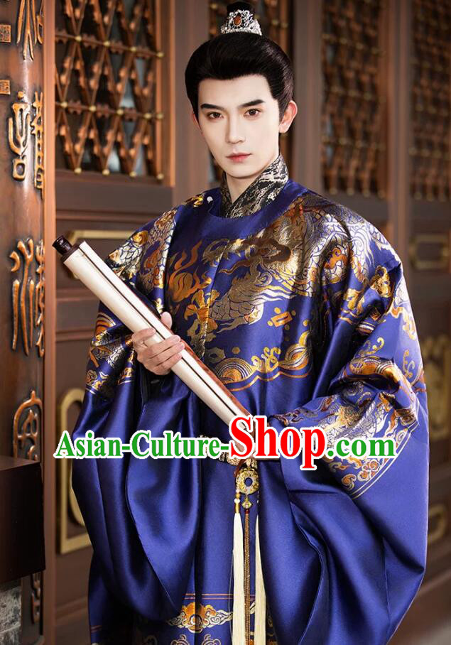 Ming Dynasty Blue Round Collar Robe Men Gold Woven Brocade Yuanlingpao Traditional Chinese Clothing Ming Dynasty Blue Round Collar Robe Men Gold Woven Brocade Yuanlingpao Traditional Chinese Clothing