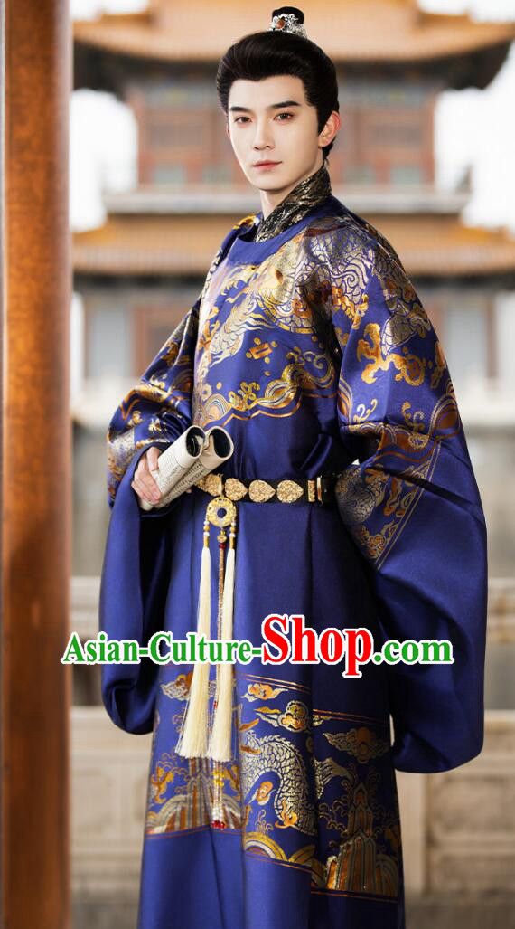 Ming Dynasty Blue Round Collar Robe Men Gold Woven Brocade Yuanlingpao Traditional Chinese Clothing Ming Dynasty Blue Round Collar Robe Men Gold Woven Brocade Yuanlingpao Traditional Chinese Clothing