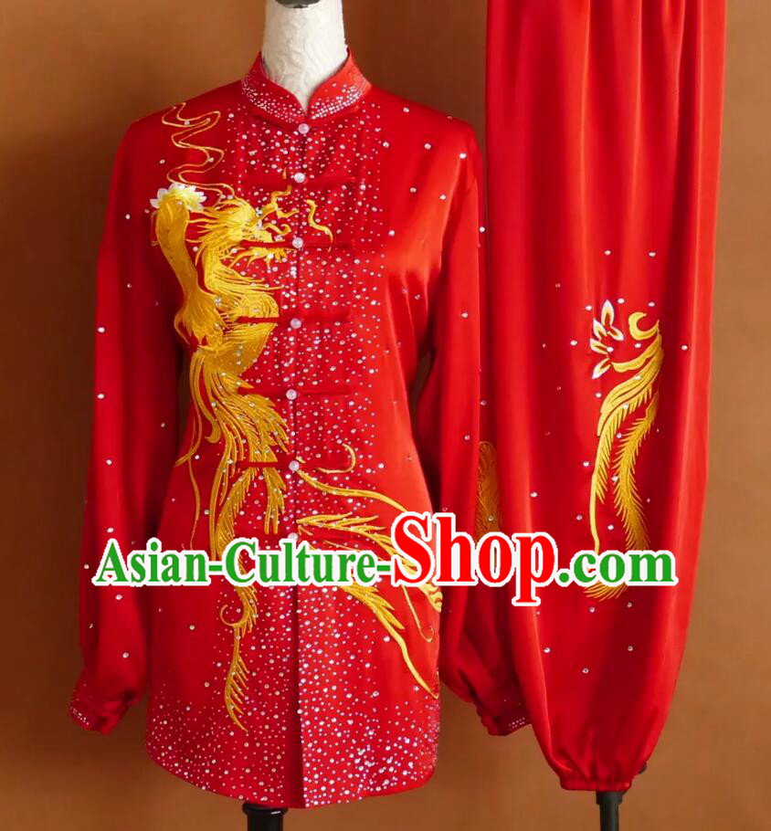 Red Tai Chi Uniform with Phoenix Embroidery and Rhinestones Traditional Chinese Kung Fu Performance Suit for Men and Women