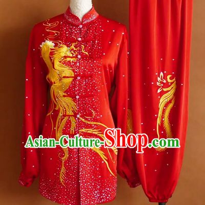 Red Tai Chi Uniform with Phoenix Embroidery and Rhinestones Traditional Chinese Kung Fu Performance Suit for Men and Women
