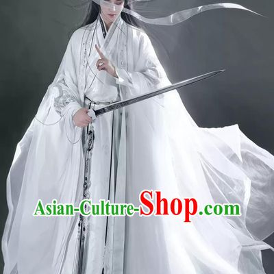 White Ancient Chinese Hanfu for Men Improved Han Elements Embroidered Robe Wei and Jin Dynasty Wide Sleeve Swordsman Costume