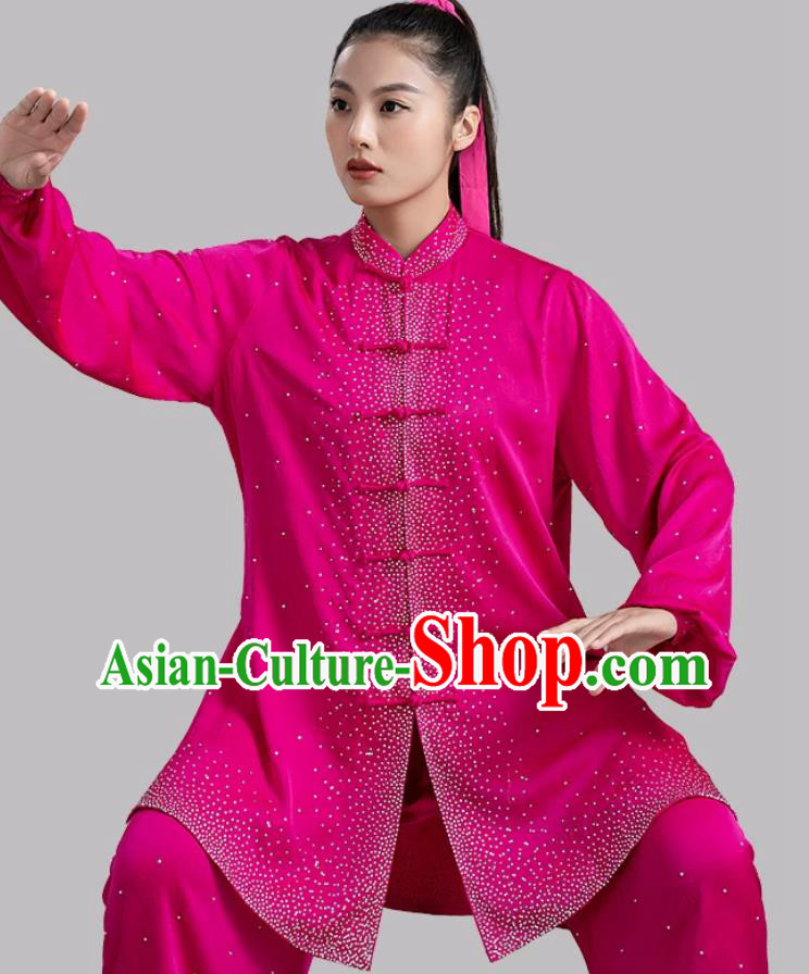 Rhinestone Tai Chi Costume Fushcia Taiji Performance Clothing Kung Fu Competition Taijichuan Uniform