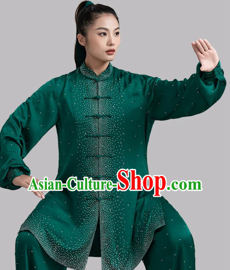 Kung Fu Competition Taijichuan Uniform Rhinestone Tai Chi Costume Dark Green Taiji Performance Clothing