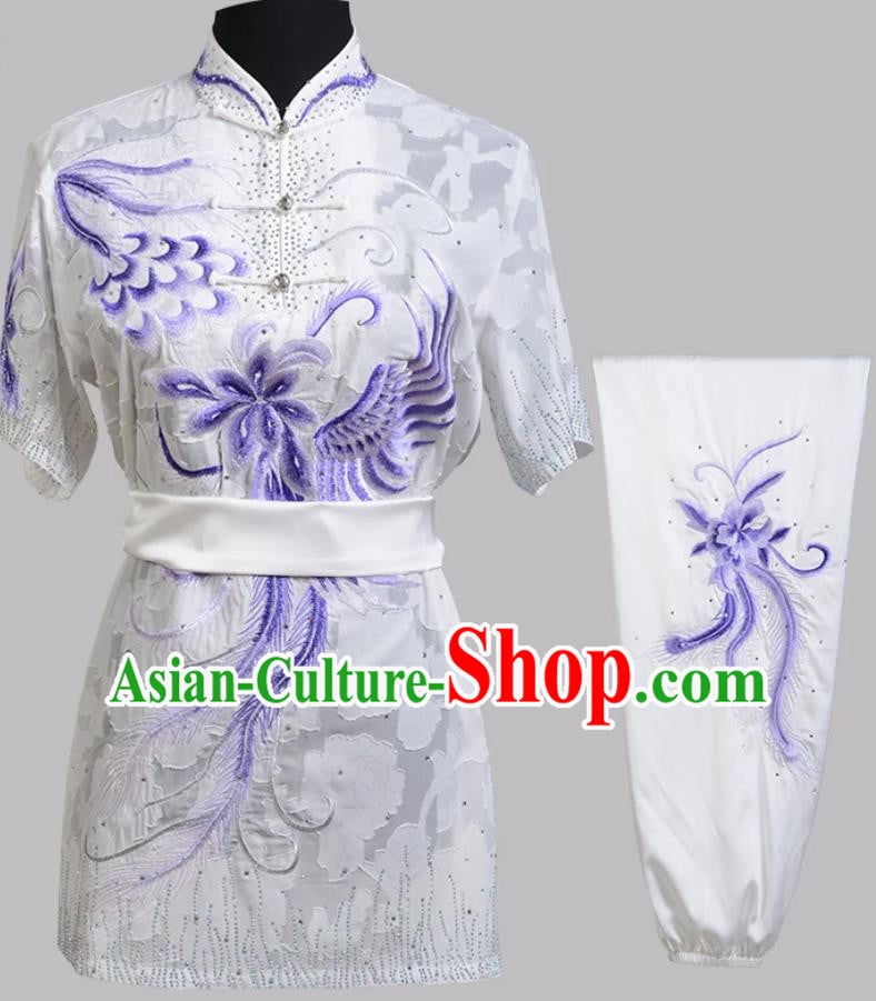 Hollow Out White Embroidered Changquan Uniform Women Wushu Suit Kung Fu Competition Performance Wear