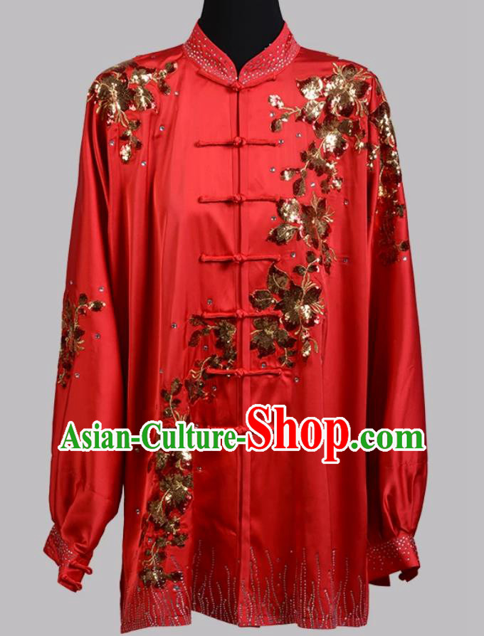 Sequin Embroidered Red Tai Chi Uniform Long Sleeve Wushu Competition Qigong Costume Sequin Embroidered Red Tai Chi Uniform Long Sleeve Wushu Competition Qigong Costume