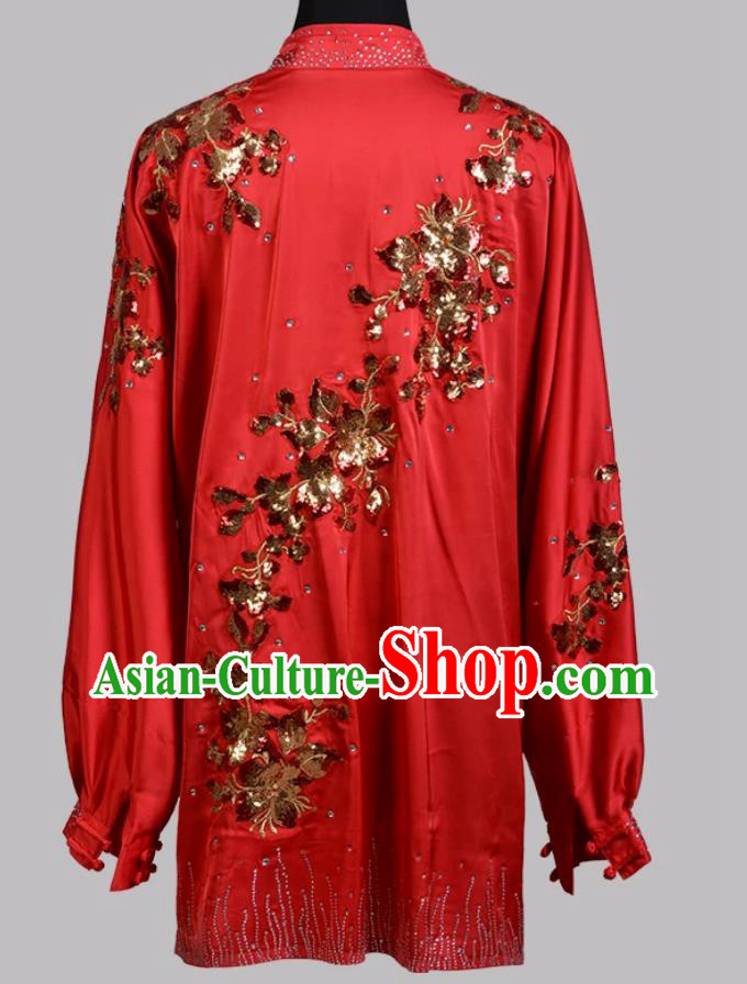 Sequin Embroidered Red Tai Chi Uniform Long Sleeve Wushu Competition Qigong Costume Sequin Embroidered Red Tai Chi Uniform Long Sleeve Wushu Competition Qigong Costume