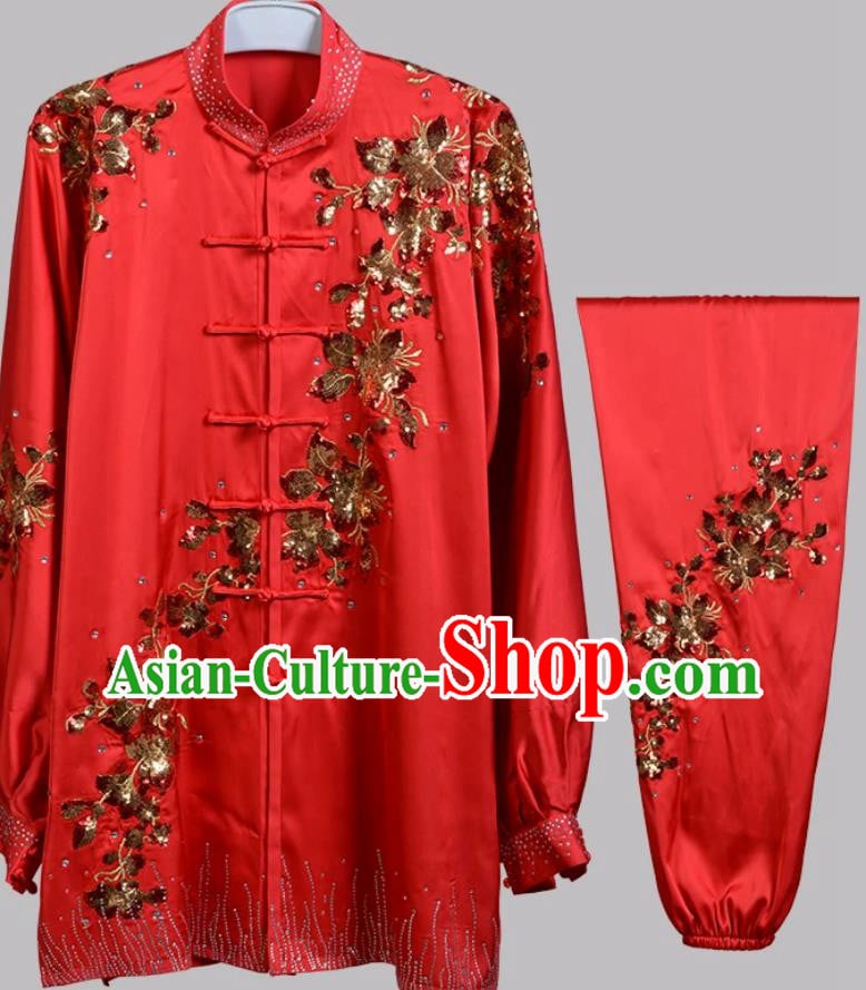 Sequin Embroidered Red Tai Chi Uniform Long Sleeve Wushu Competition Qigong Costume