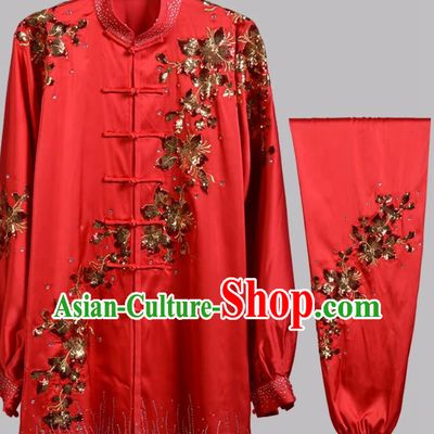 Sequin Embroidered Red Tai Chi Uniform Long Sleeve Wushu Competition Qigong Costume