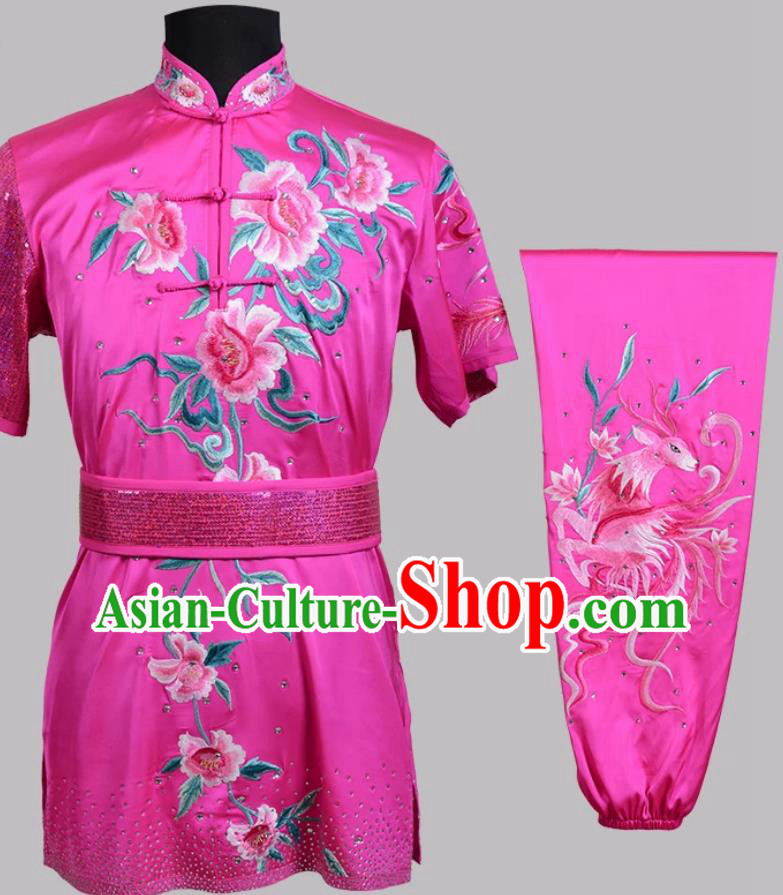 Rose Pink Phoenix Embroidered Wushu Competition Costume Changquan Performance Wear Martial Arts Clothing