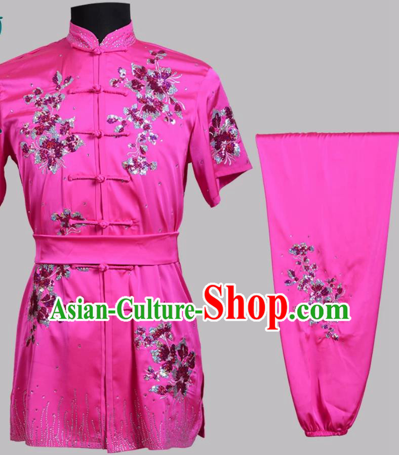 Sequin Embroidered Rose Pink Wushu Performance Costume Changquan Training Clothing Martial Arts Competition Uniform