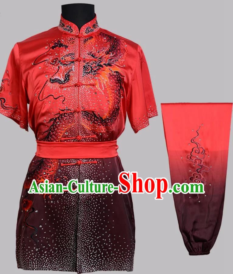 Gradient Color Embroidered Dragon Wushu Uniform Sports Exam Competition Costume Changquan Outfit