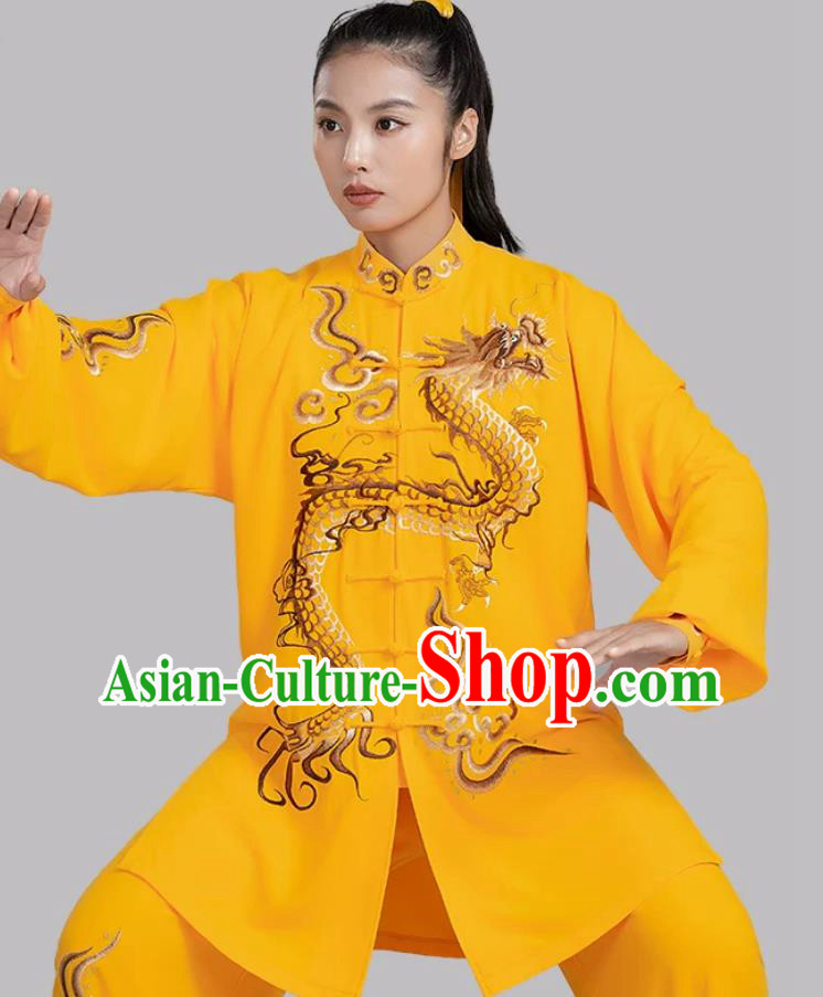 Yellow Taiji Competition Performance Clothing Embroidered Dragon Tai Chi Uniform Baduanjin Qigong Training Wear