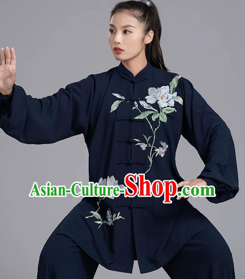 Embroidered Dark Blue Tai Chi Suit Baduanjin Qigong Performance Training Costume Kung Fu Taijichuan Clothing