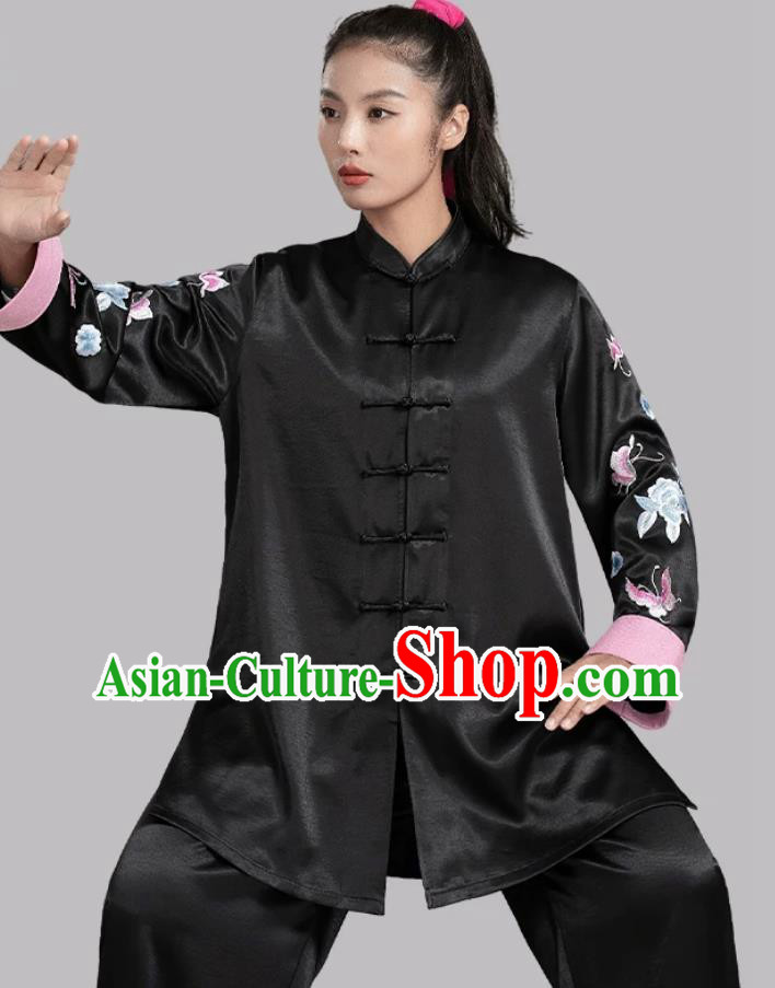 Black Satin Women Tai Chi Suit Chinese Style Training Performance Kung Fu Competition Uniform